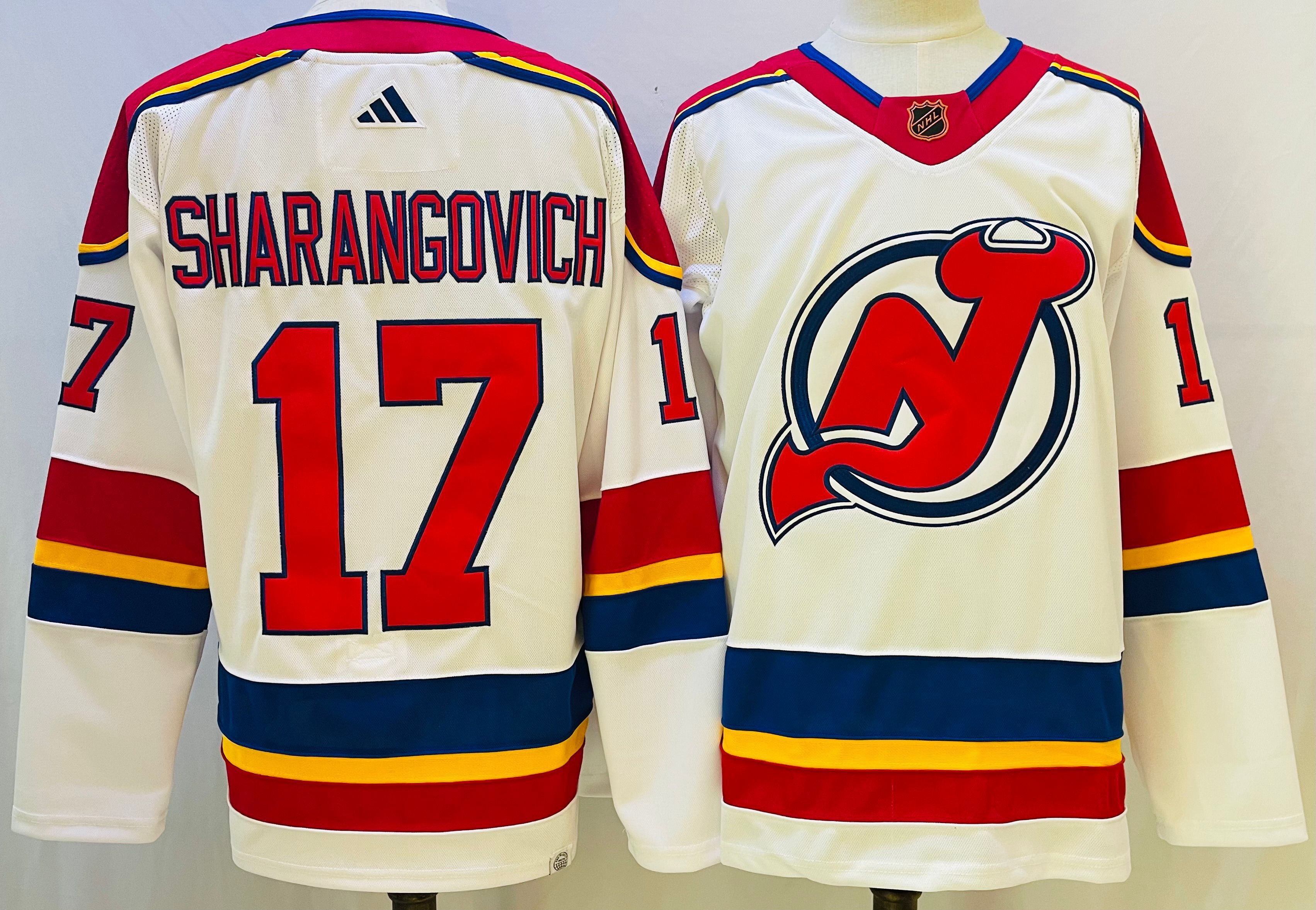 Men New Jersey Devils 17 Sharangovich White Throwback 2022 Adidas NHL Jersey